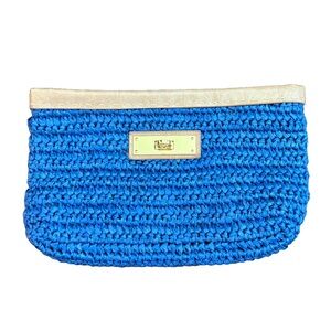 Laugoa Blue Woven Raffia Clutch with Faux Leather Trim and Gold Turn Lock
